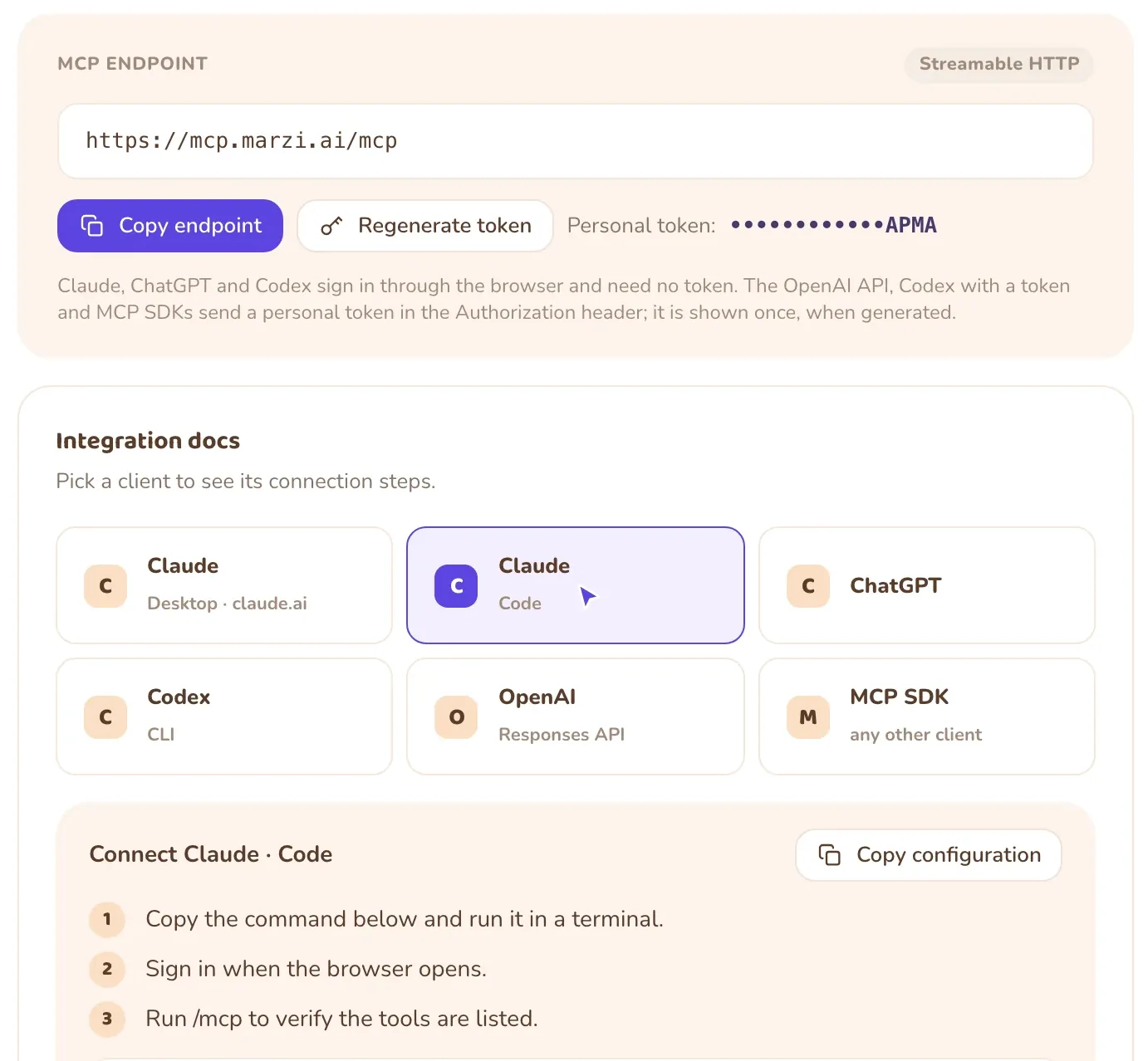 The cabinet's AI Integration page: the MCP endpoint, the Copy endpoint and Regenerate token buttons, and the client picker with the steps for each