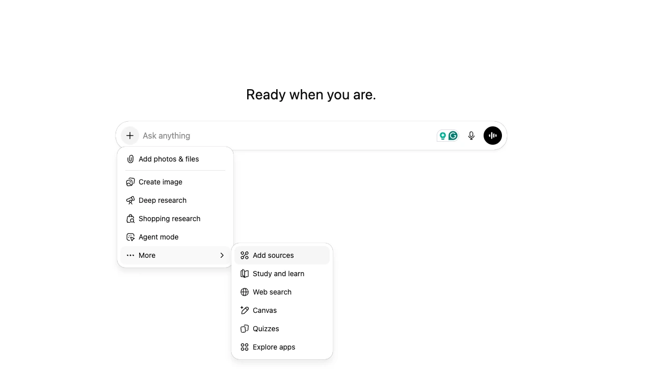 ChatGPT's message box: the + menu open, More → Add sources
