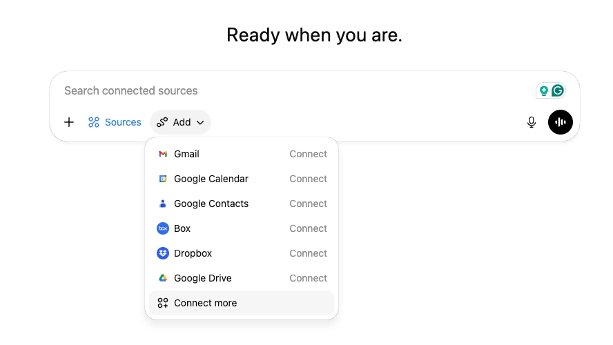 The Sources bar with the Add menu open: Gmail, Google Calendar … and Connect more at the bottom