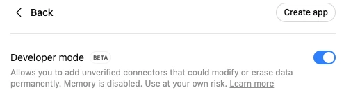 Advanced settings: the Developer mode switch turned on, the Create app button