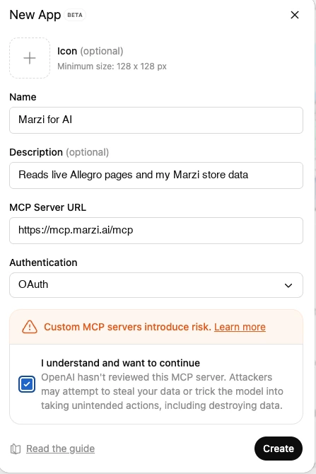The New App form filled in for Marzi: name Marzi for AI, MCP Server URL https://mcp.marzi.ai/mcp, Authentication OAuth, the risk checkbox ticked, the Create button