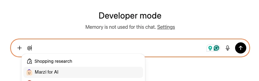 A chat in developer mode: an @ typed in the message box opens the app list with Marzi for AI