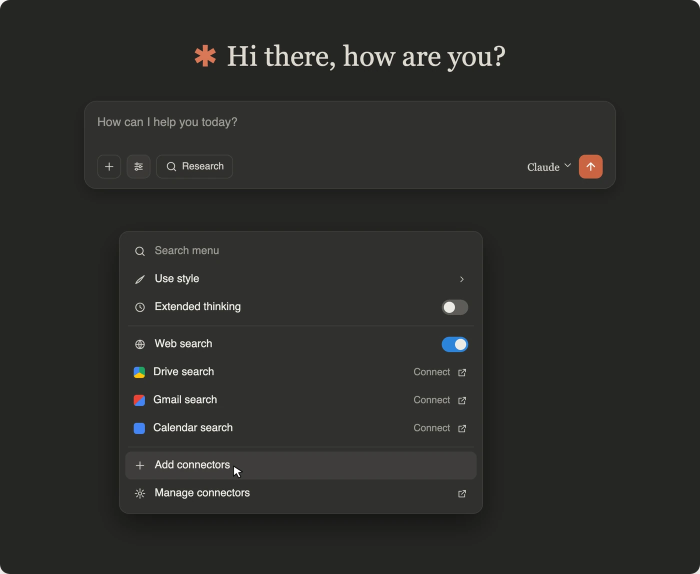 Claude's message box with the tools menu open: Web search, Drive, Gmail and Calendar search, then Add connectors under the cursor