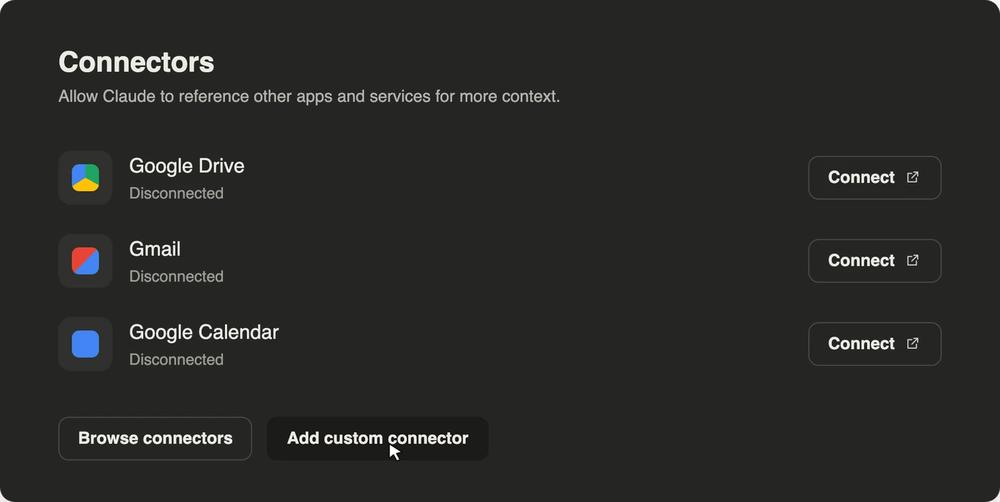 Settings → Connectors: the list of connectors and the Browse connectors and Add custom connector buttons