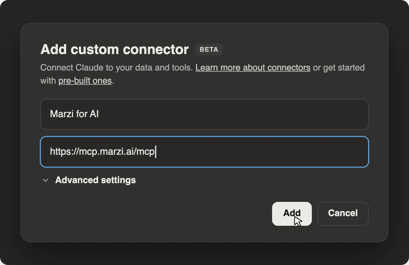 The Add custom connector dialog: the name Marzi for AI, the URL https://mcp.marzi.ai/mcp, Advanced settings folded, the Add button