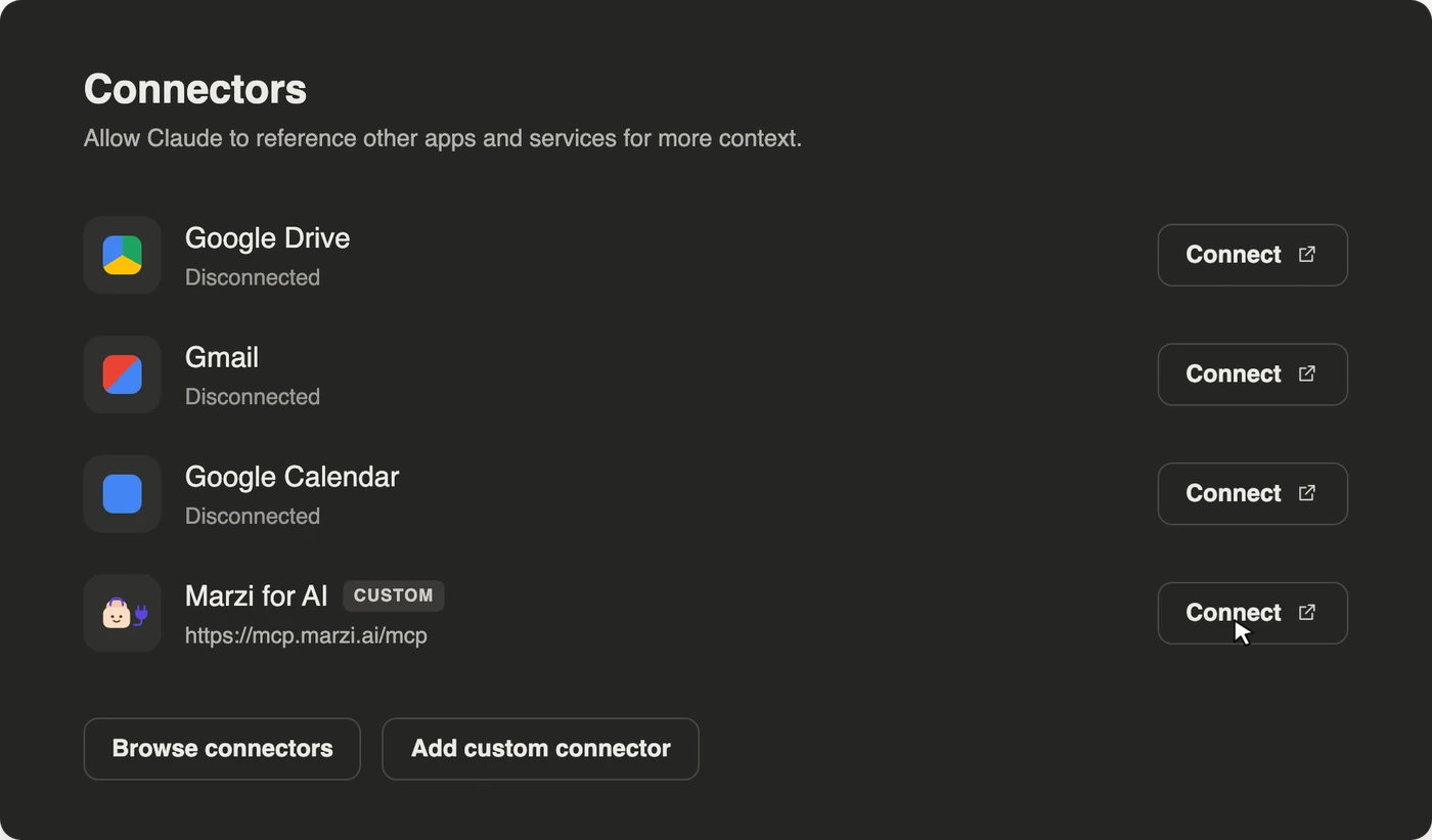 The Connectors list with the new row: Marzi for AI, the CUSTOM label, https://mcp.marzi.ai/mcp and its Connect button
