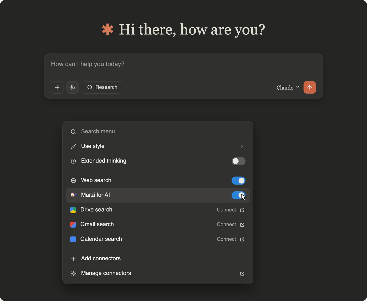 The tools menu with Marzi for AI listed under Web search, its switch turned on