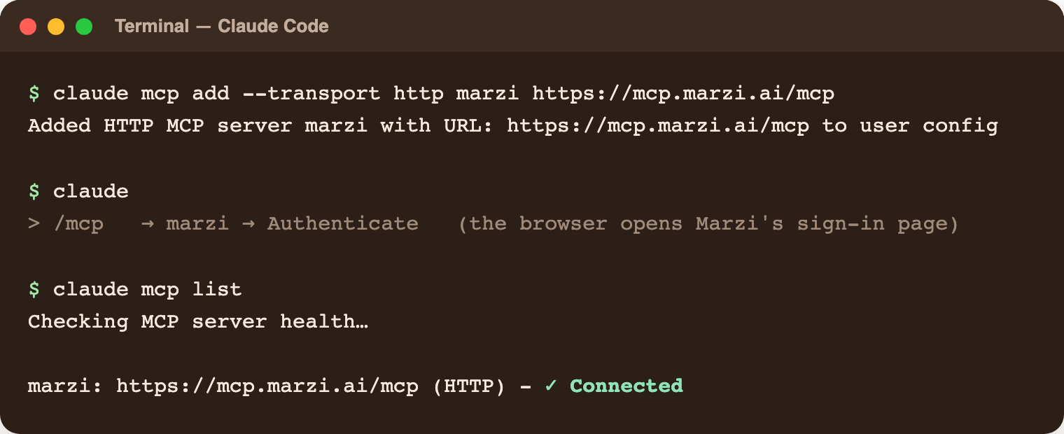 A terminal: claude mcp add registers marzi, /mcp → Authenticate opens the browser, claude mcp list shows marzi as Connected
