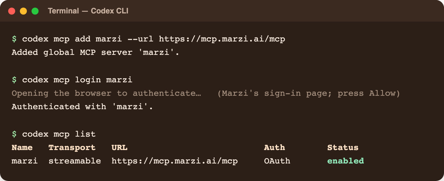 A terminal: codex mcp add registers marzi, codex mcp login opens the browser, codex mcp list shows marzi with OAuth enabled