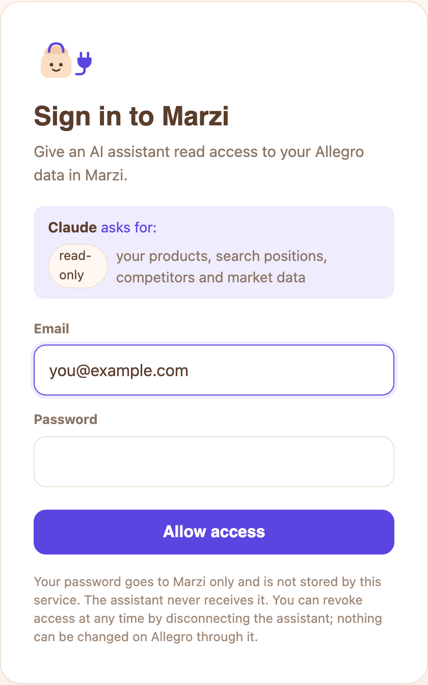 Marzi's sign-in page: the name of the AI app that asks for access, the read-only scope, e-mail and password fields, the Allow access button